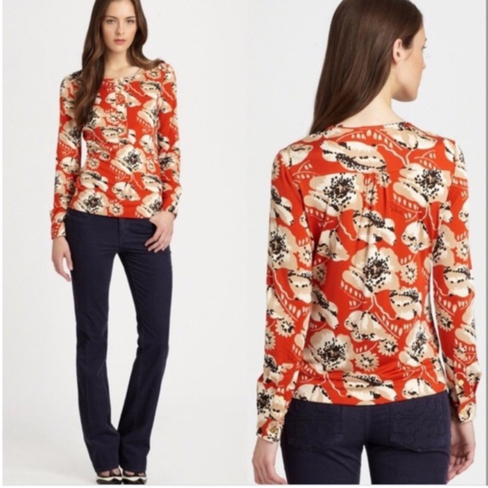 TORY BURCH AMY SILK STRETCH POPPY TOP